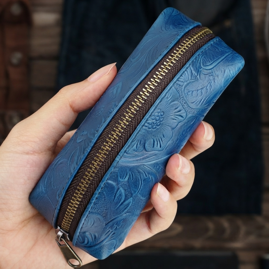 Handmade full-grain leather car key pouch, mini zipper key holder, top-grain leather coin pouch