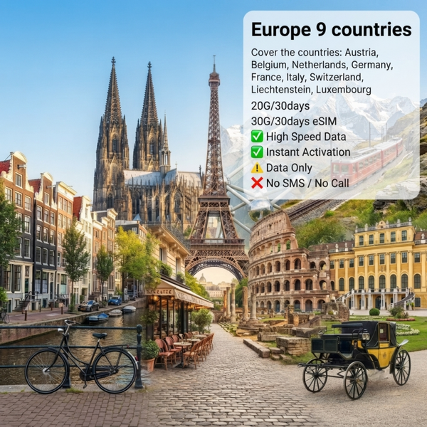 Europe 20G/30days 30G/30days eSIM cover 9 countries