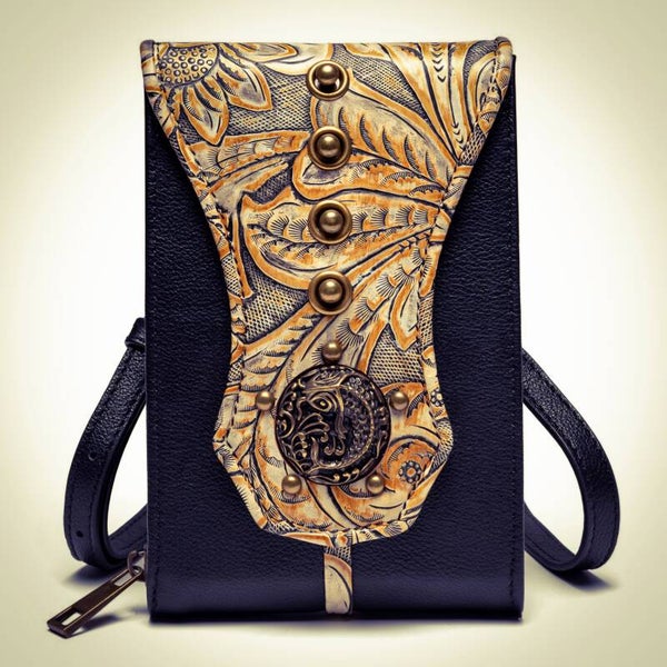 Vintage phone bag, niche distressed embossed studded small waist bag, cowhide shoulder/crossbody bag