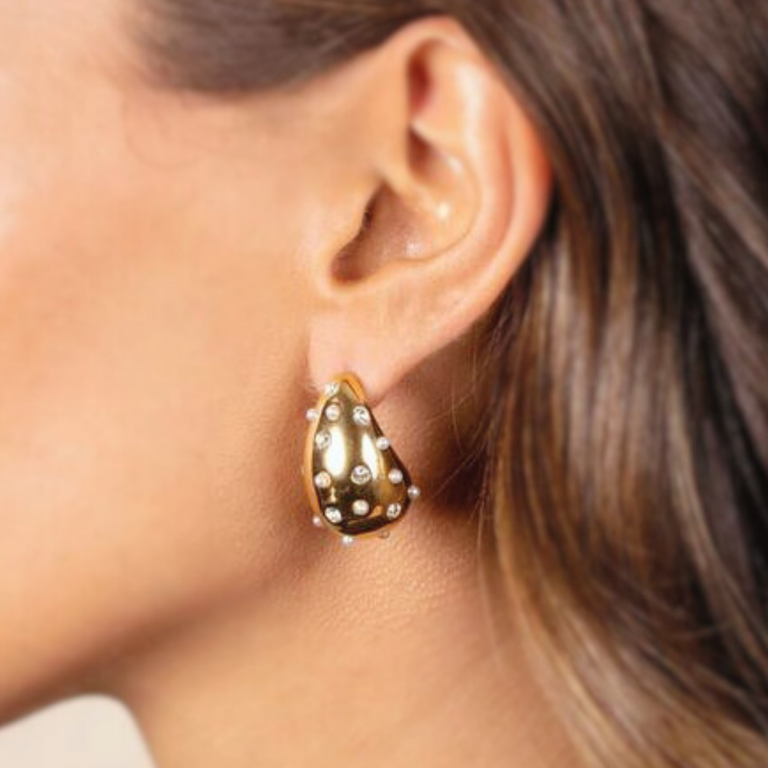 Oorbellen Druppel - Strass en Parel - Goud