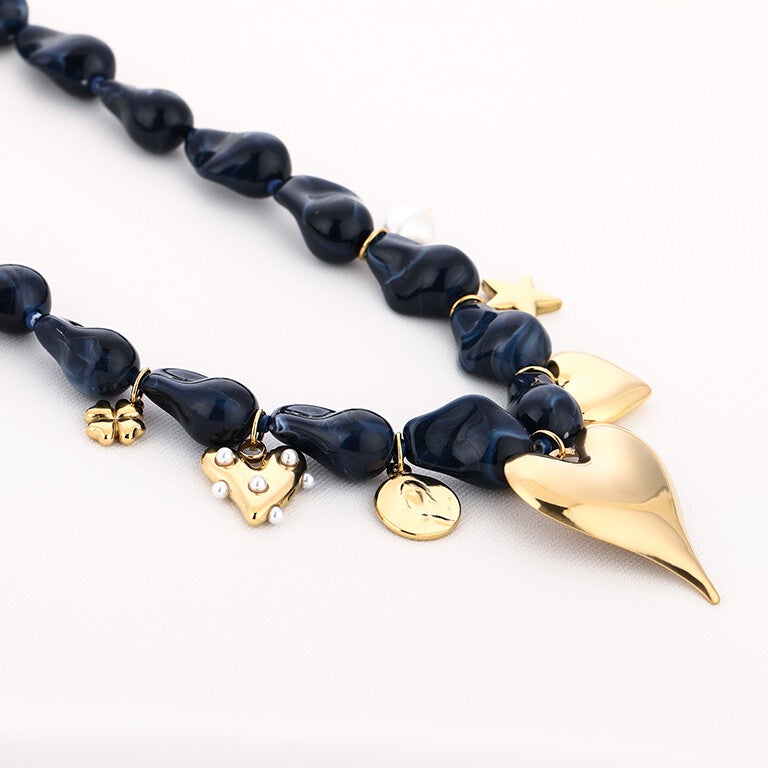 Kralenketting met hart bedels - donkerblauw