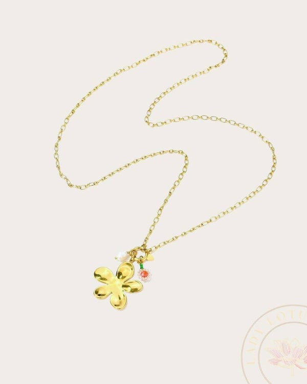 Ketting Bloembedel - Goudkleur met roze