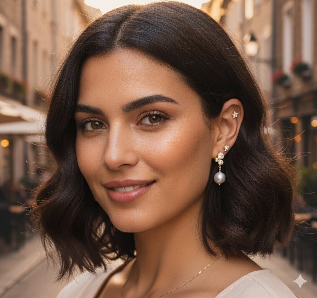 Oorbellen met steentjes en parelhanger goud