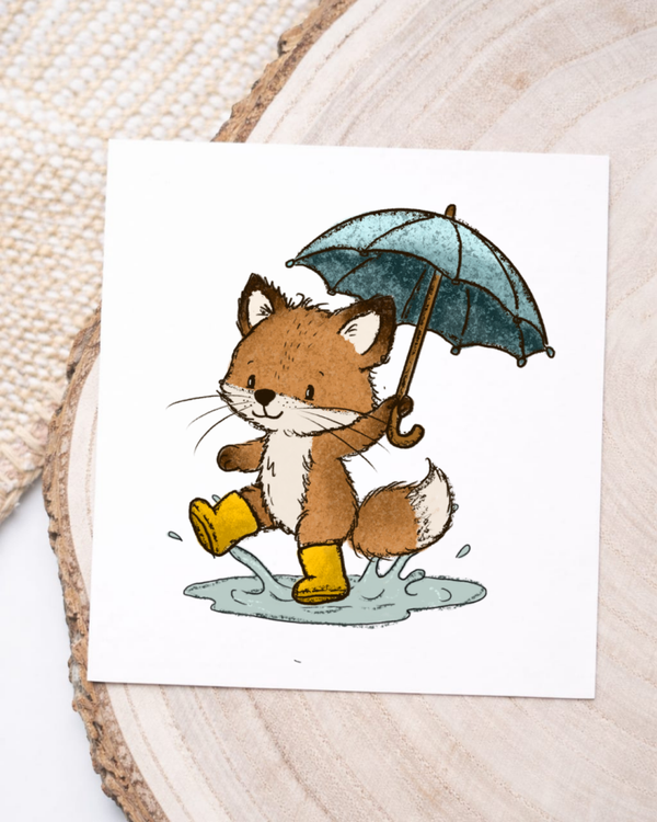 Fuchs mit Regenschirm in der Pfütze