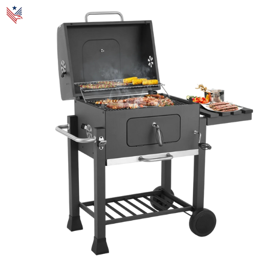 Houtskool BBQ Grill met Zijtafel – Grote Buitenbarbecue met Thermometer, Verstelbaar Rooster en Wielen voor Tuin, Terras en Camping