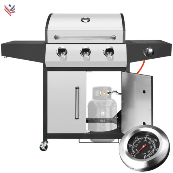 3+1 Brander Gasbarbecue met Zijbrander – 24.000 BTU Roestvrijstalen Propaangas BBQ met Thermometer, Zijtafel & Gietijzeren Roosters – Tuin Grillwagen