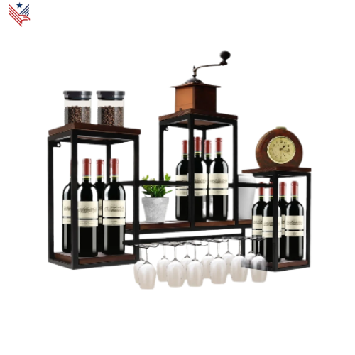 Metalen Wijnfleshouder – Wandplank met Glazen Houder