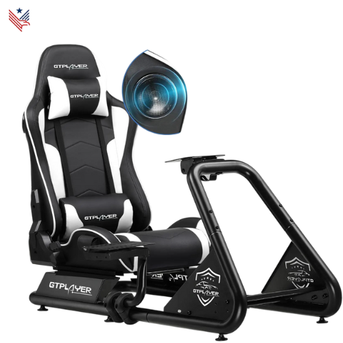 Sim Racing Cockpit – Verstelbare Race Simulator Stuurstandaard met Stoel, Pedalen & Ingebouwde Speakers – Compatibel met Alle Stuurwielen