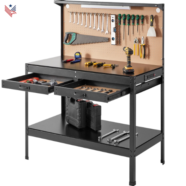 Stalen Werkbank met Pegboard – 100 kg draagvermogen, 2 laden, 30 haken, 4 stopcontacten & 2 USB-poorten – Garage en Houtbewerking