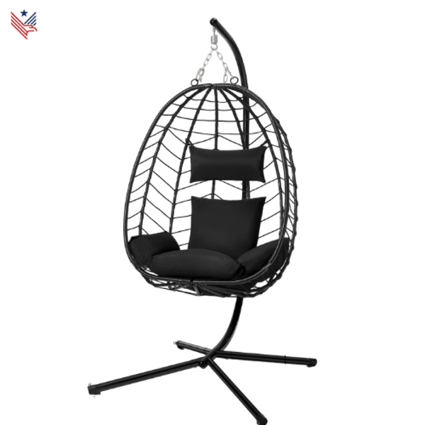 Comfortabele Hangstoel met Standaard – Boho Schommelstoel voor Binnen & Buiten – Weerbestendig met Zitkussen en Hoofdsteun – Belastbaar tot 150 kg