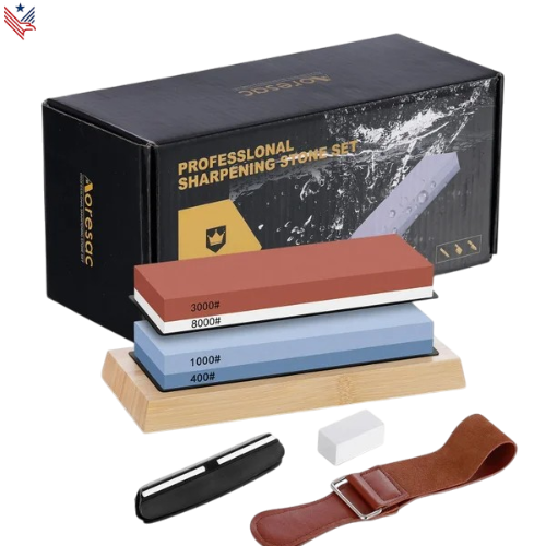 Complete Messenslijpsteenset | Dubbele Korrel 400/1000 & 3000/8000 | Inclusief Lederen Riem en Afvlaksteen