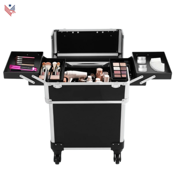 Professionele Make-up Koffer op Wielen (18 inch) - Aluminium Trolley met 4 Compartimenten, Afsluitbaar, Grote Capaciteit - Rollende Beauty Case voor Visagisten & Kappers - Zwart