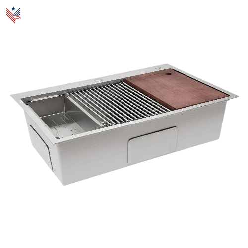 Roestvrijstalen Spoelbak 33 Inch – Werkstation Keukenspoelbak met Snijplank, Vergiet & Afdruiprek | Inbouw of Opbouw