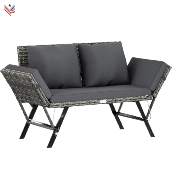 Tuinbank met Verstelbare Armleuningen en Kussens – Weerbestendige Polyrotan Loungestoel - 176 cm