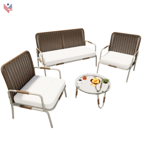 Tuinmeubelset, Tuinlounge voor 4 Personen, met Armstoel, Salontafel & Kussens