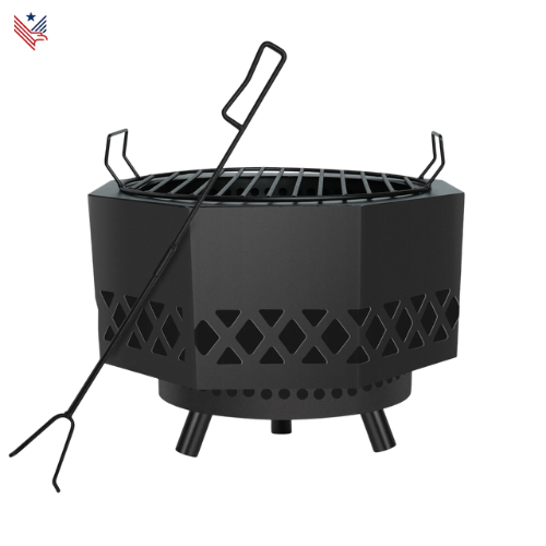 Ronde BBQ vuurkorf met Deksel en Grill, Multifunctionele Vuurpan voor Kamperen en BBQ's – Stabiele Laag-Rook Vuurmand voor Buiten
