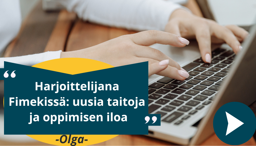 Harjoittelija tekee tietokonetöitä Fimekissä.