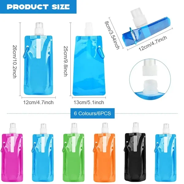 flintronic Foldable Sports Bottle, 6pcs Foldable Water Bottle 500mL, Reusable BPA Free Collapsible Water Bottle, Flexible Drink Pouches Bags with Clip for Outdoor Sports, Travel, Biking, Hiking