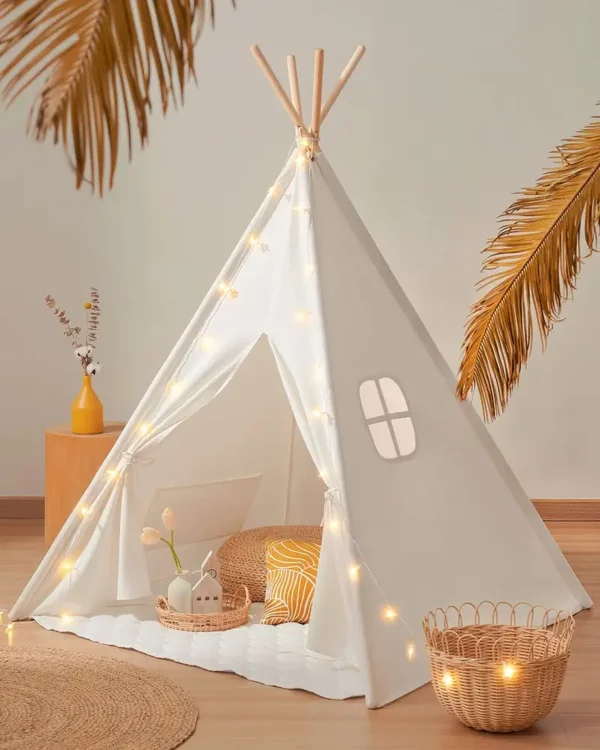 (Used) Tiny Land Kids Teepee Tent with Padded Mat & Light String& Carry Case- Kids Foldable Play Tent for Indoor Outdoor, Raw White Canvas Teepee - Kids Playhouse - Portable Kids Tent