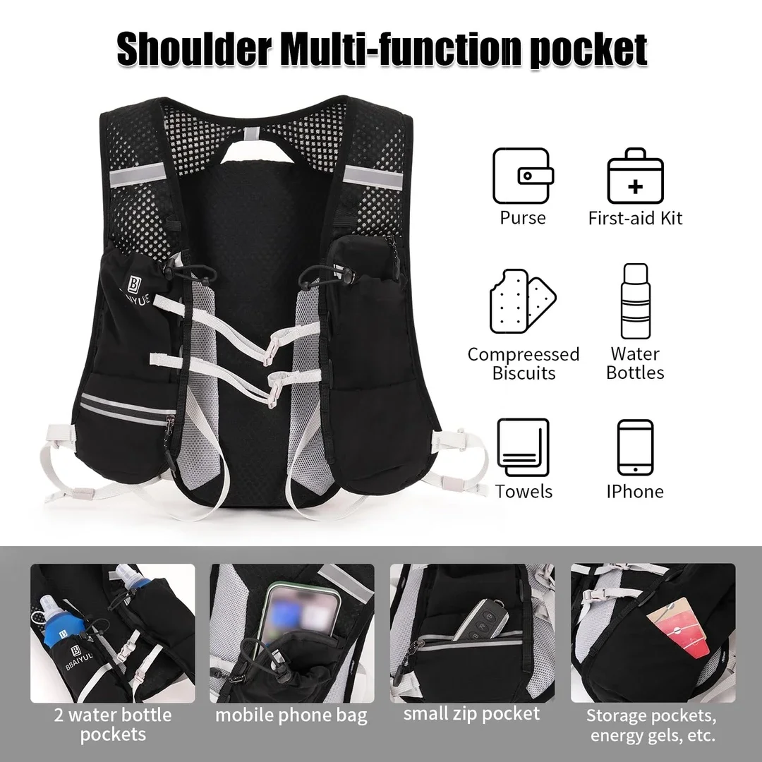 BBAIYULE Running Vest Backpack,Hydration Backpack Water Backpack Hydration Vest,Lightweight Trail Running Backpack 5.5L,Daypack for Hiking Cycling Marathon Women Men (With Hydration bladder)