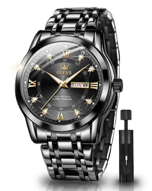 OLEVS Watches for Men Diamond Analog Quartz Dress Stainless Steel Waterproof Luminous Wristwatch Calendar Luxury Business Mens Wacthes
