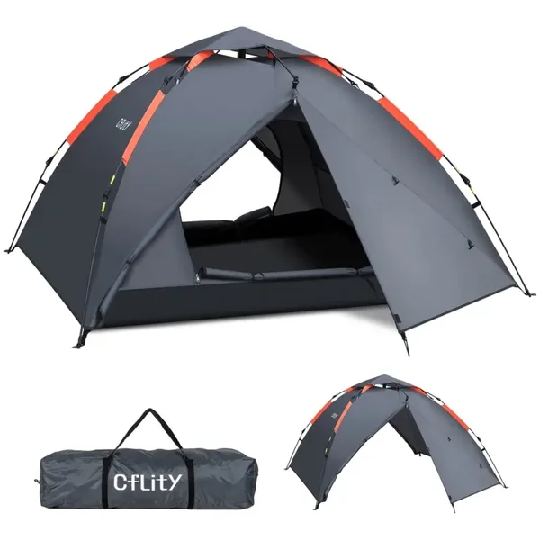 (Used) Cflity Camping Tent, 3 Man Instant Pop Up Tent Waterproof Three Layer Automatic Dome Tent, Large Lightweight 4 Seasons Tent, Backpacking Tent with Removable Rain-Fly 2 Extensible Porch for Camping