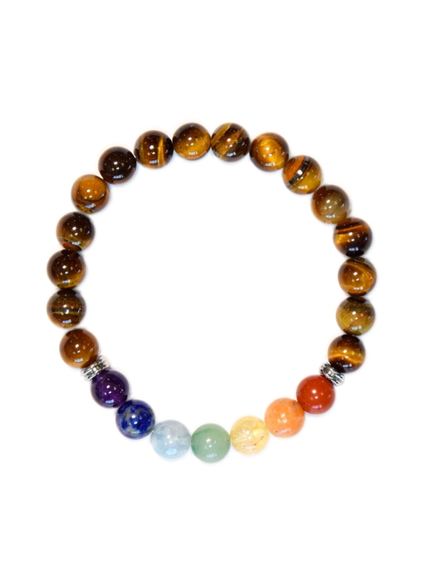 Bracelet 7 Chakras Oeil de tigre Perles rondes 8 mm