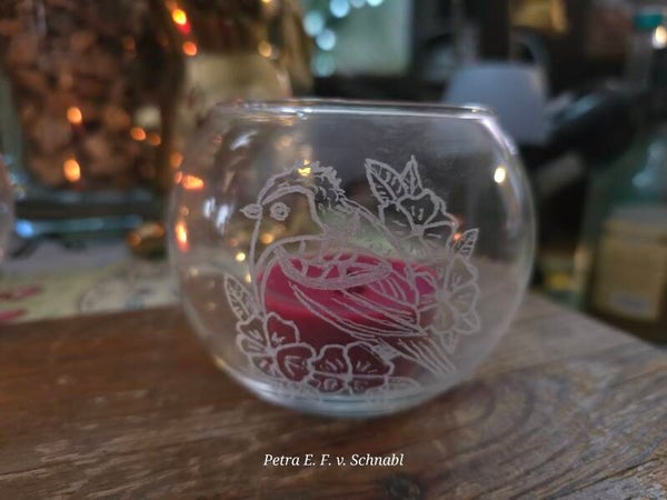 graviertes Teelichtglas - Frühling Vogerl