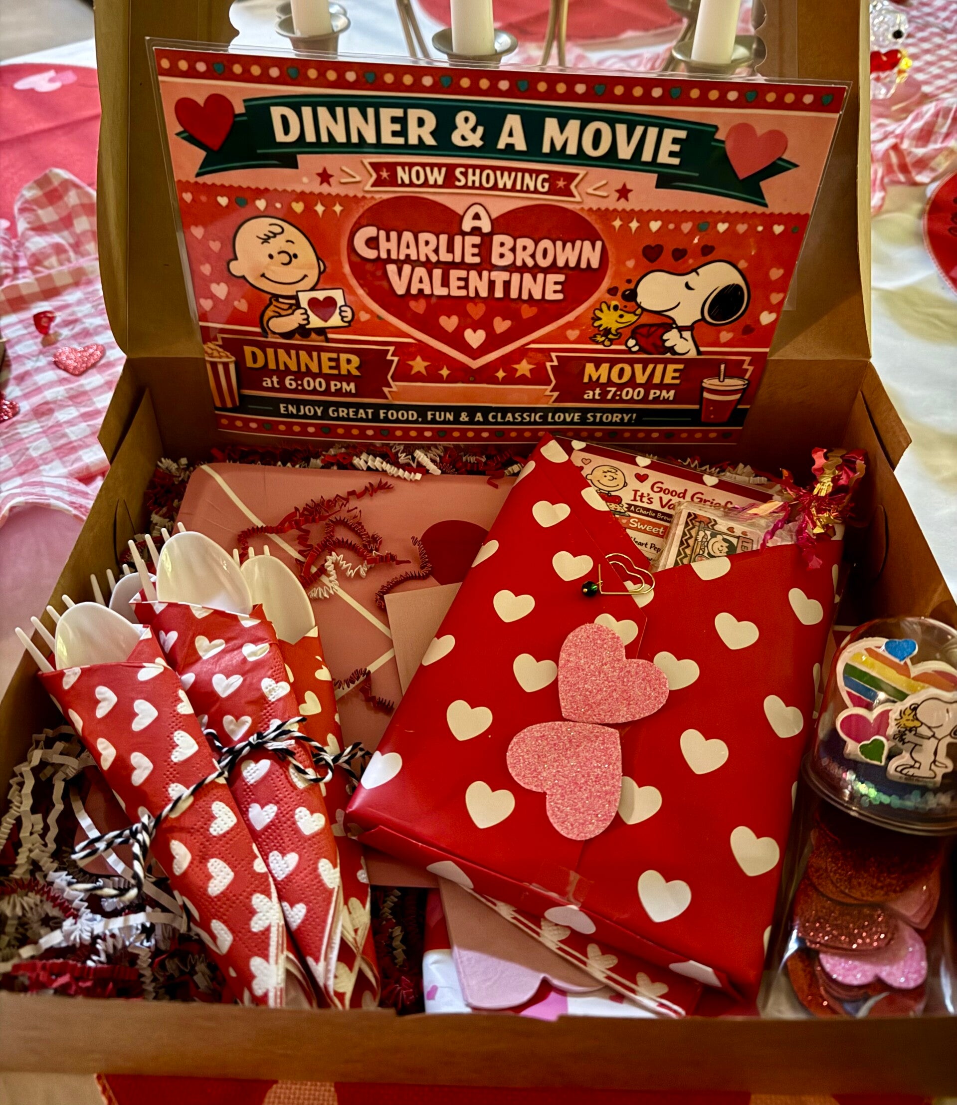 A Charley brown valentine dinner and a movie box