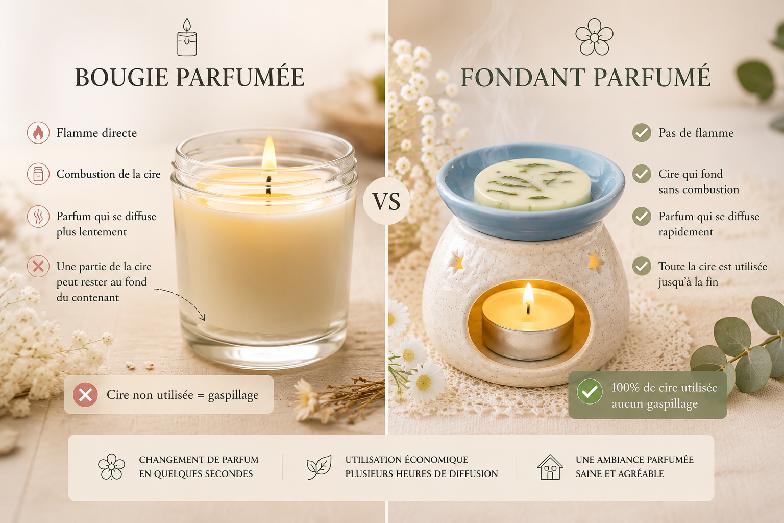 Comparatif entre une bougie parfumée et un fondant parfumé