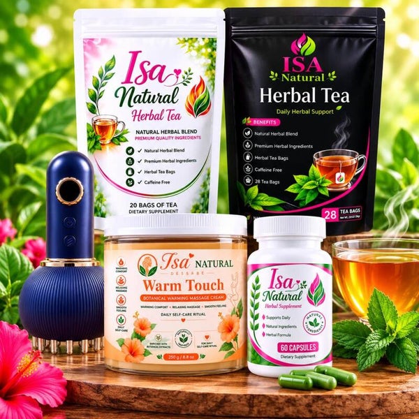 Isa Natural Complete Bundle – Herbal Tea Duo, Herbal Supplement, Warm Touch Belly Massage Cream & Belly Massage Device