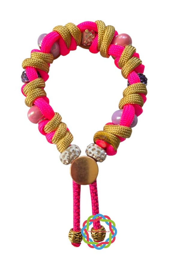 Paracord armband roze/goud met bling en parelmoer kralen