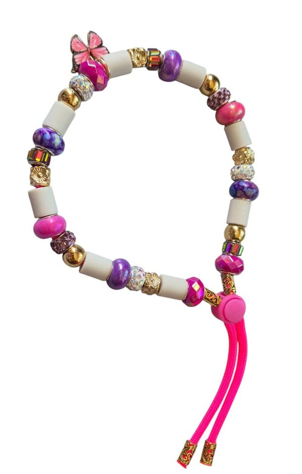 Ibiza Tekenband gemixt met rose, paarse, goud, stras kralen met vlinder bedel