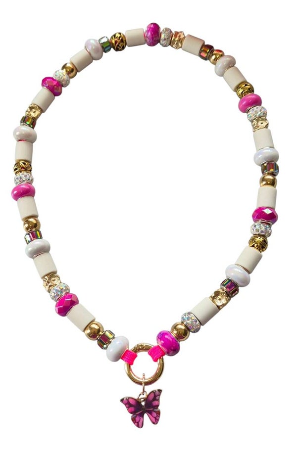 Ibiza Tekenketting gemixt rose, goud, witte kralen met vlinder bedel