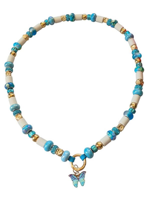 Ibiza Tekenketting gemixt goud met Turquoise kralen met vlinder bedel