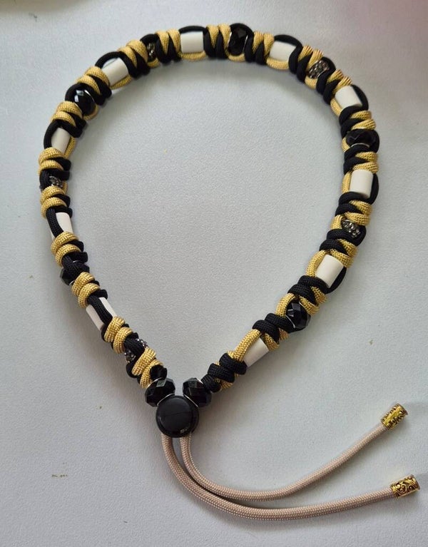 Tekenband goud, zwart, taupe gemixt met kralen