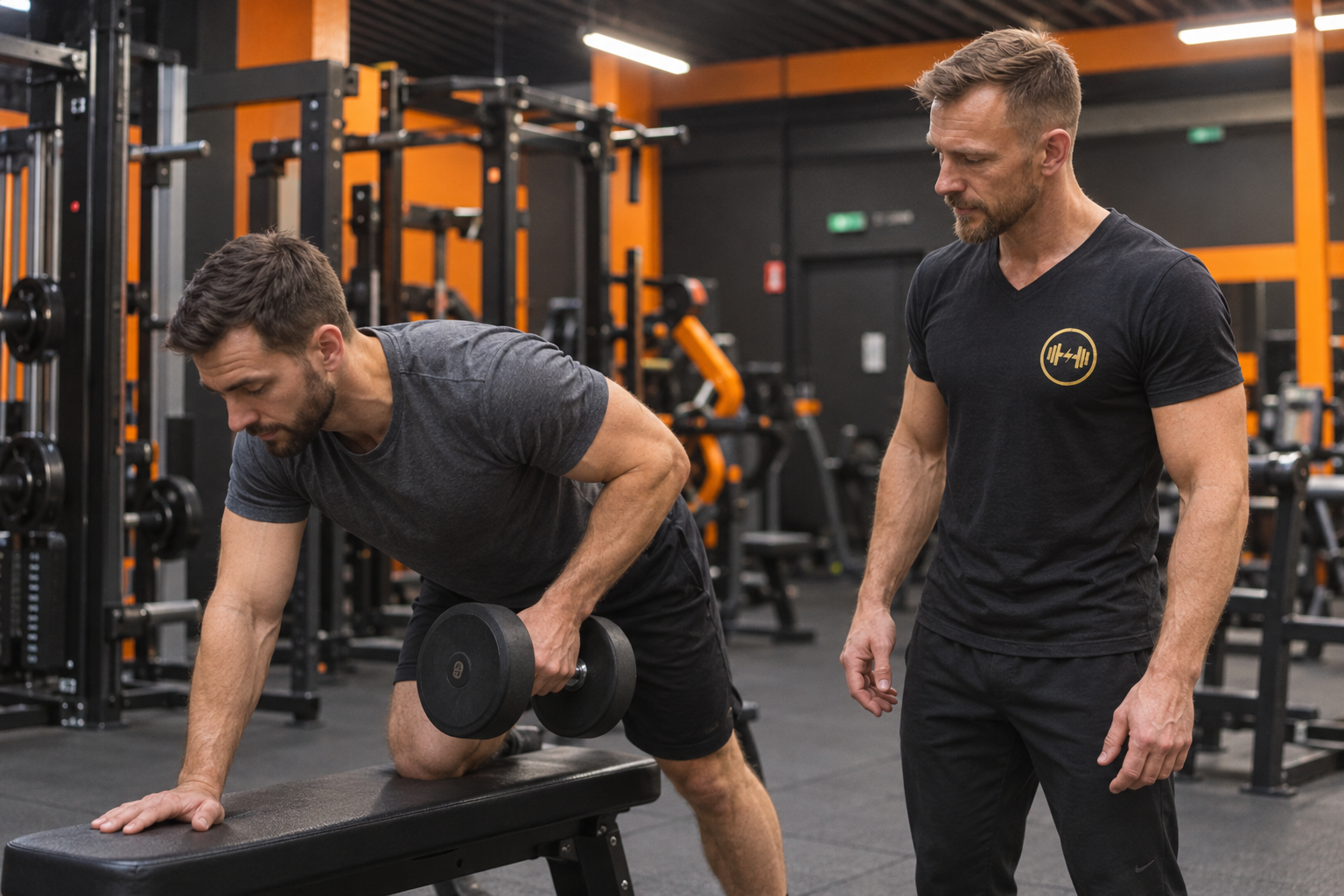 KI-Symbolbild: Personaltrainer Thomas begleitet eine Kurzhantelübung im 1-zu-1-Training.