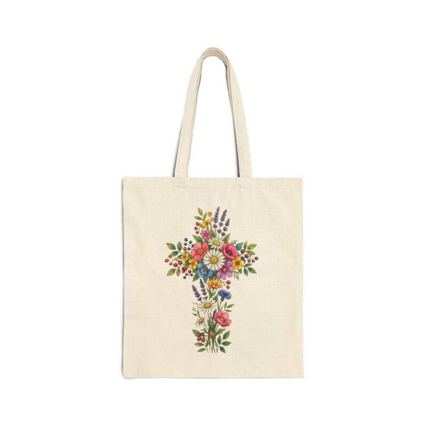 Floral Cross Tote Bag — Colorful Botanical Canvas Tote (Mother's Day, Easter)