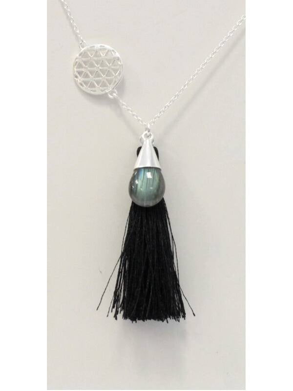Collier Goutte Labradorite Fleur de Vie et Pompon - Argent 925
