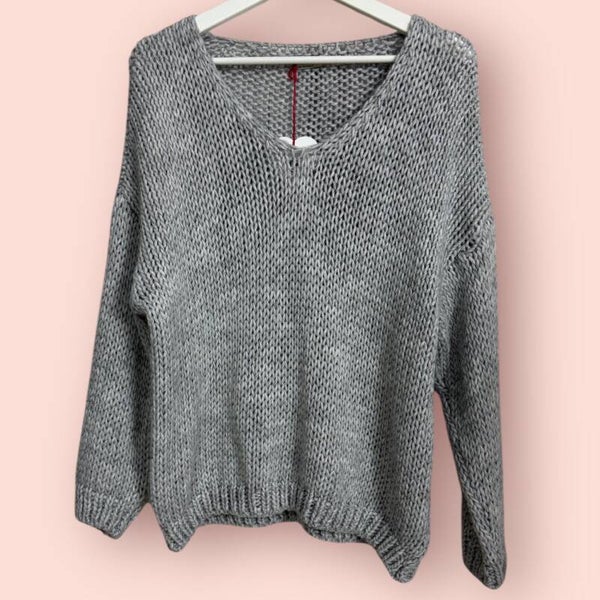 Cozy Knit Strickpulli – V-Neck - Grau