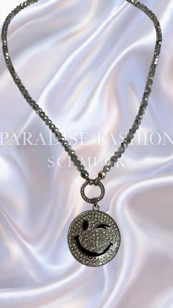 Vario Kette - Graue Perlen Kette mit Smiley Anhänger