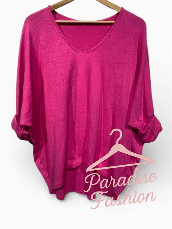 Basic-Shirt V Ausschnitt Gr. 38 -44  Farbe Fuchsia / Magenta