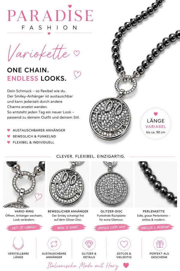 Vario- Kette Perle- Grau "Smiley Glitzer"