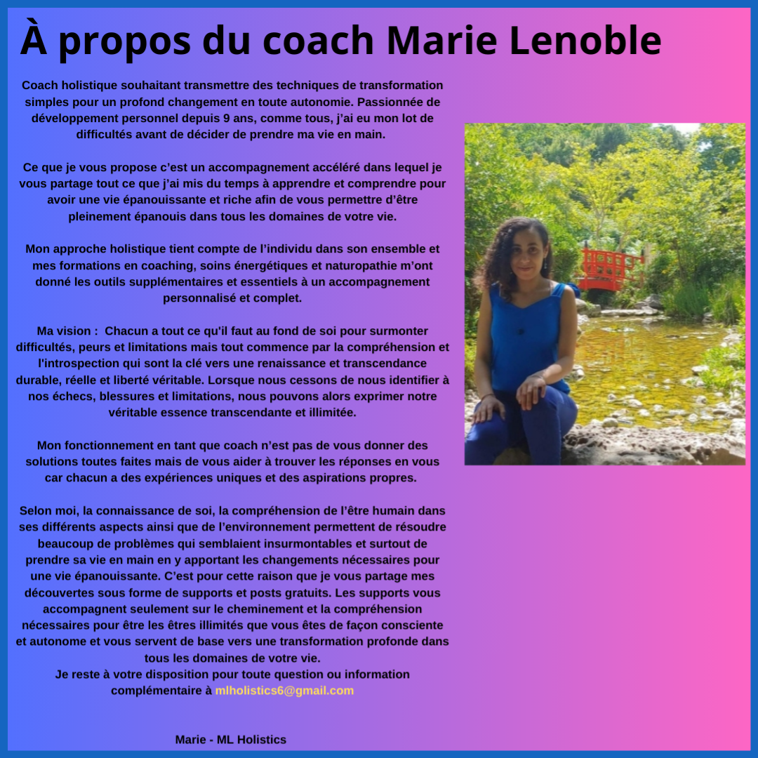 A propos du coach-"ma vision : Chacun a tout ce qu'il faut au fond de lui pour surmonter ses limites et peurs mais tout commence par la compréhension et l'introspection"