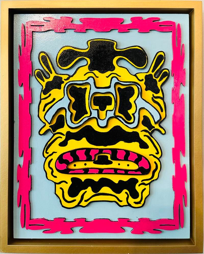 enamel on wood cutouts mounted to panel 14”x11”