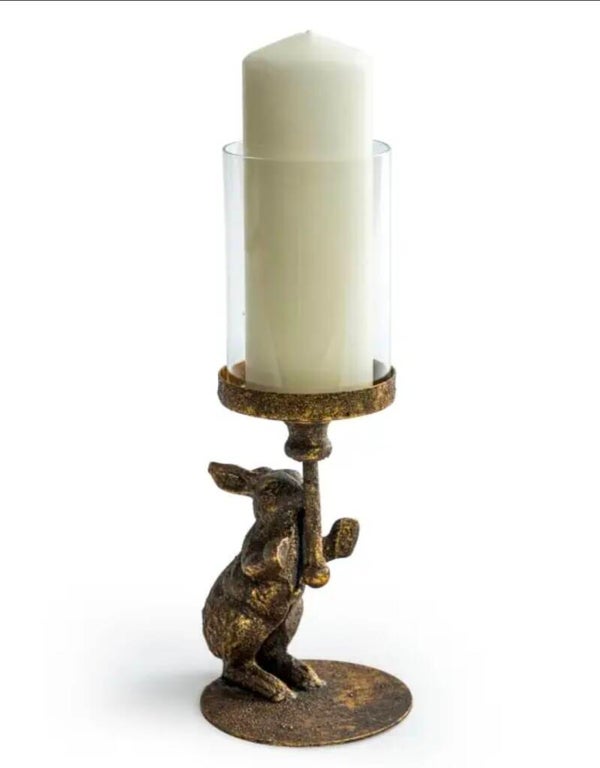Antiqued Rabbit Candle Holder with Glass Cover