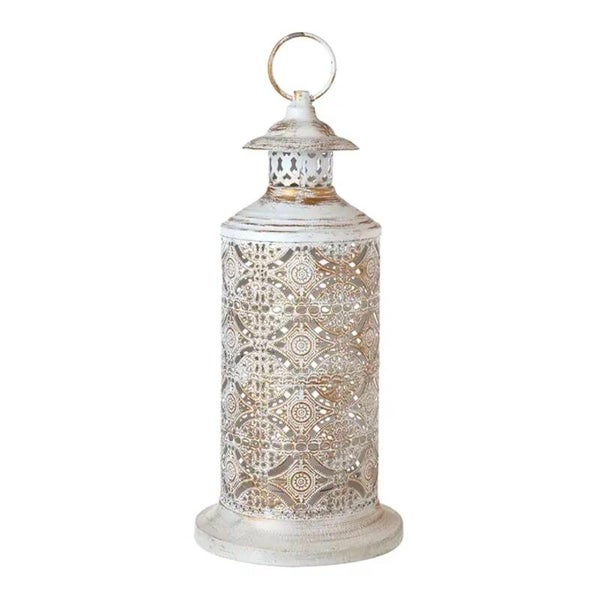 Tall White/Gold Cut Out Metal Lantern