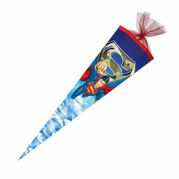 Nestler Schultüte zum Befüllen, Handgemachte Zuckertüte aus Karton - Motiv Superman (rot, 85 cm 6-eckig)