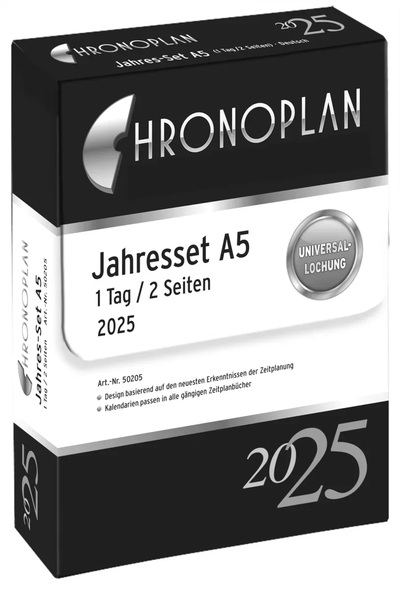 Chronoplan 50205 Kalendereinlage 2025 (Jahres-Set A5 (148x210mm), Ersatzkalendarium für Terminplaner, Tagesplaner, ideal für detaillierte Tagesplanung, 1 Tag auf 2 Seiten, mit Universallochung) weiß