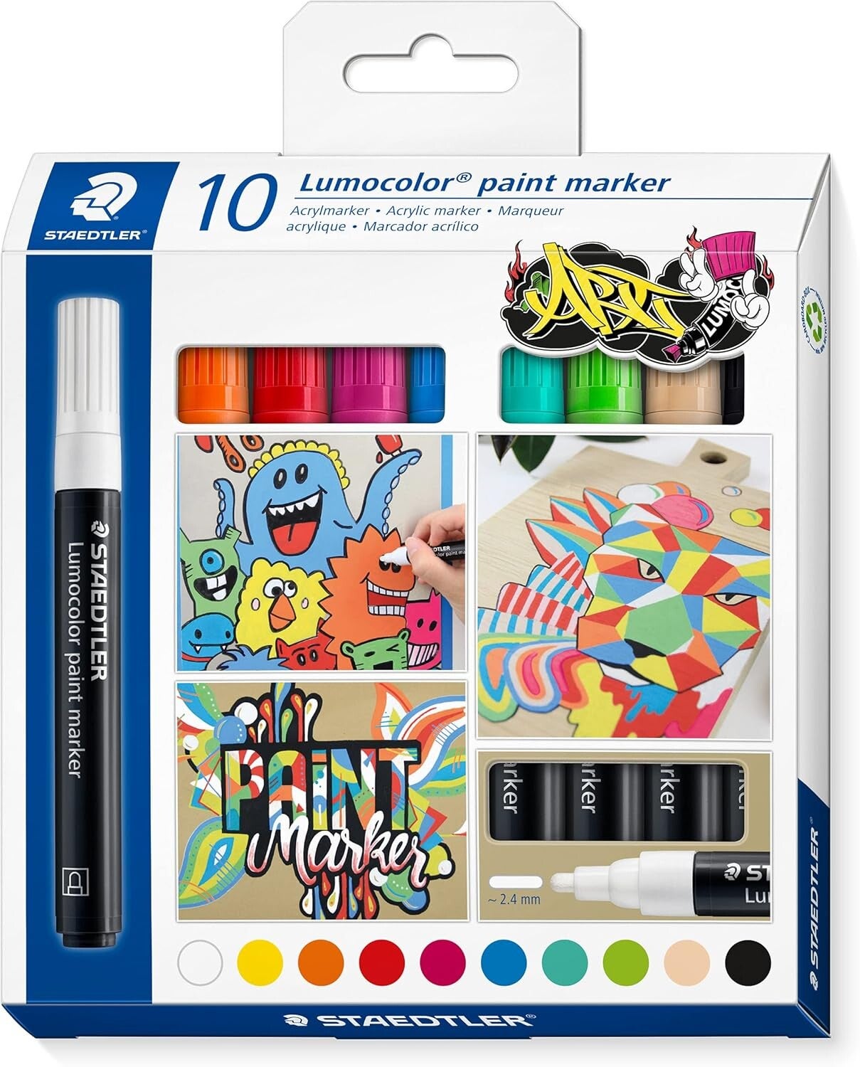 STAEDTLER Acrylmarker Lumocolor, deckende, permanente Acryltinte, wisch- und wasserfest, Linienbreite 2,4 mm, hohe Farbbrillanz, 10 paint marker in sortierten Farben im Kartonetui, 349 C10